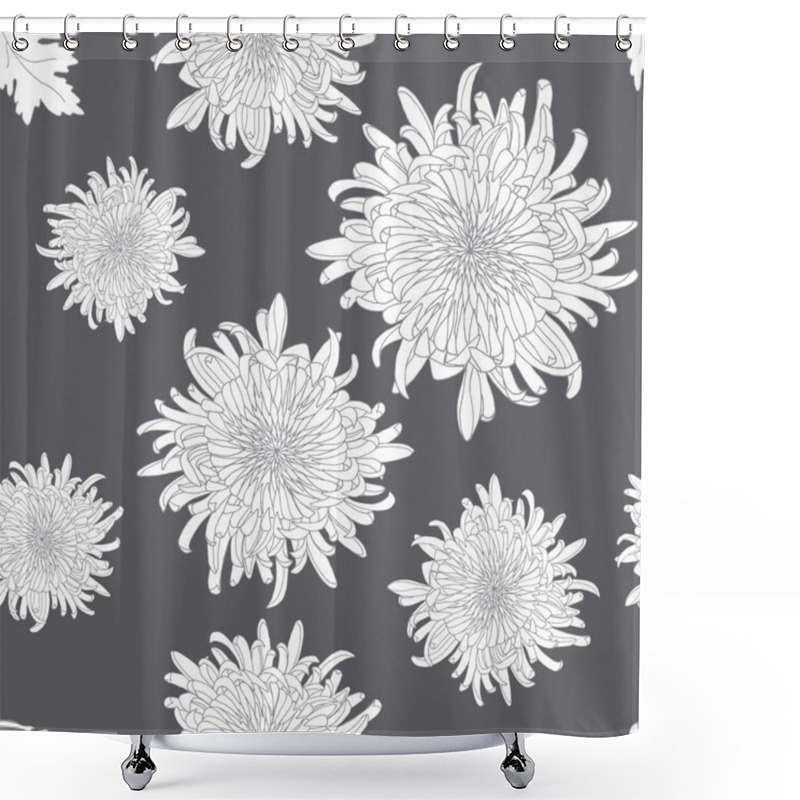 Personality  Seamless Chrysanthemum Floral Pattern In Monochrome Style, Featuring Detailed Hand-drawn Flowers On A Dark Background. Ideal For Fabric, Wallpaper, Packaging, Stationery, Textiles. Shower Curtains