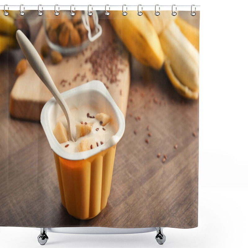 Personality  Plastic Cup Of Yummy Banana Yogurt With Flax Seeds On Wooden Table Shower Curtains