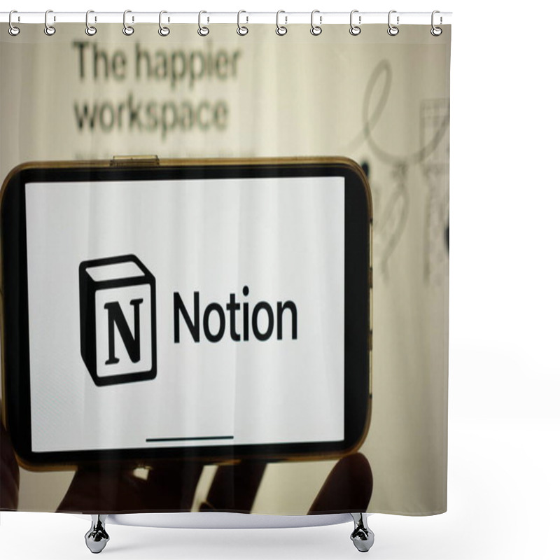 Personality  Roosendaal, The Netherlands - February 2, 2025: A Mobile Phone Screen Displaying The Logo Of Notion, An All-in-one Customizable Project Management App, With The Company Website In The Background. Shower Curtains