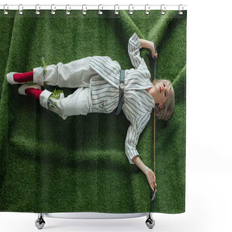 Personality  Beautiful Stylish Girl Lying With Golf Club On Artificial Grass And Looking At Camera Shower Curtains