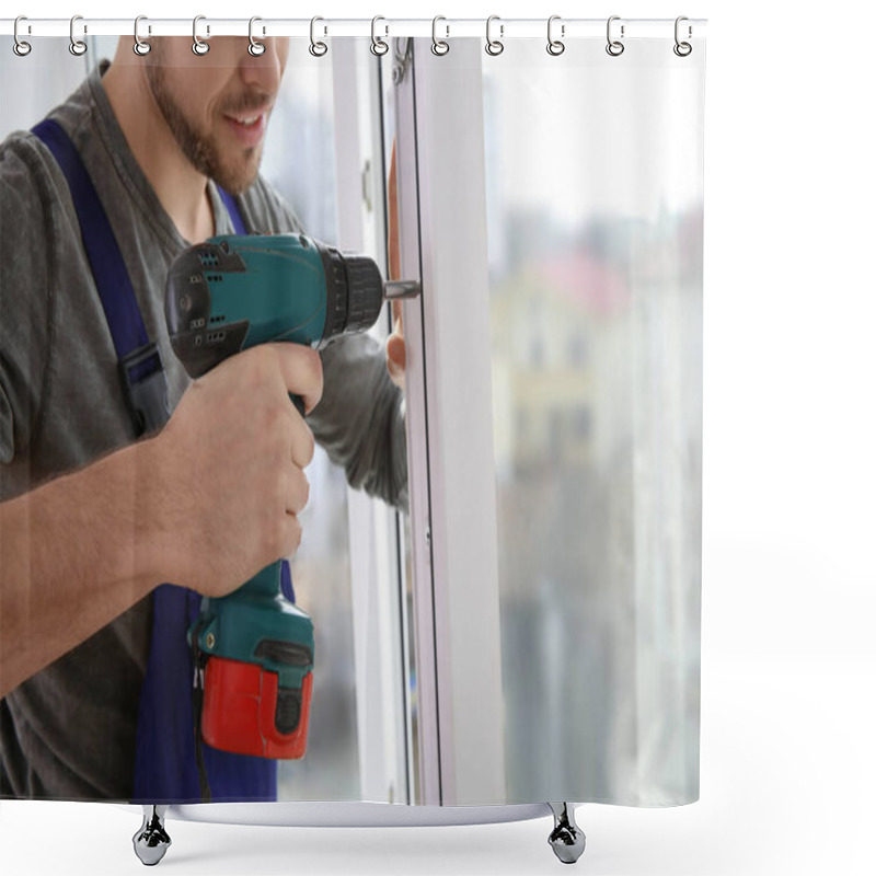 Personality  Construction Worker Using Drill While Installing Window Indoors, Closeup Shower Curtains