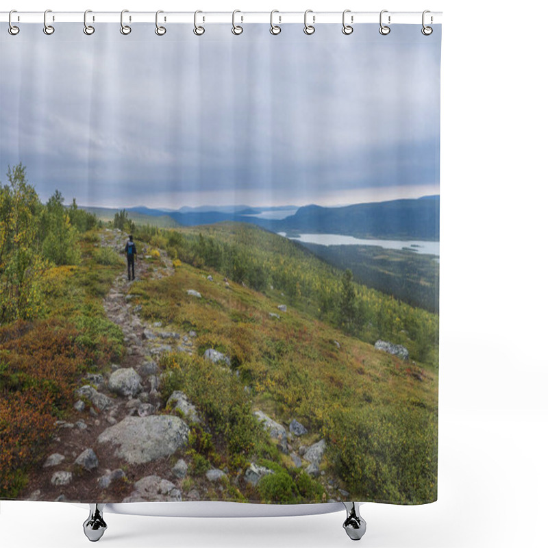 Personality  Man Backpack Hiker At Kungsleden Trail Admiring Nature Of Sarek In Sweden Lapland With Mountains, River And Lake, Birch And Spruce Tree Forest. Early Autumn Colors, Blue Sky White Clouds. Shower Curtains