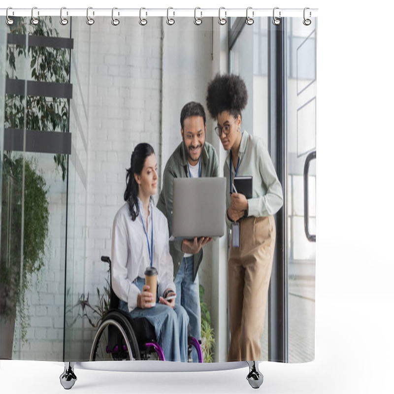 Personality  Group Shot Of Diverse Business People, Disabled Woman On Wheelchair Looking At Laptop With Coworkers Shower Curtains