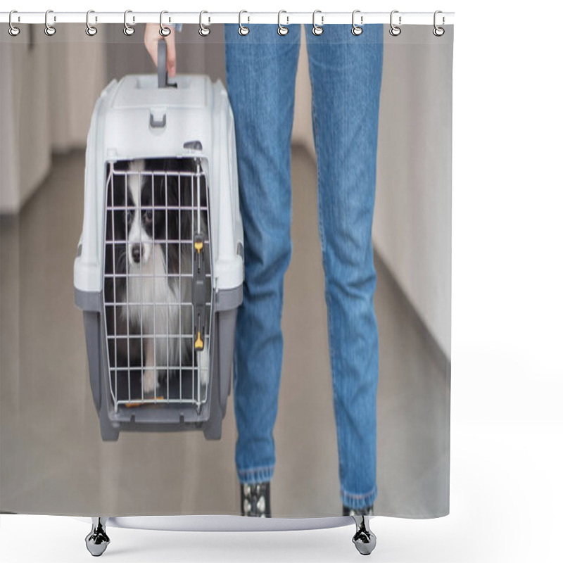 Personality  A Woman Is Holding A Travel Cage With A Dog Inside. Holidays With A Pet. Papillon Dog Butterfly. Shower Curtains