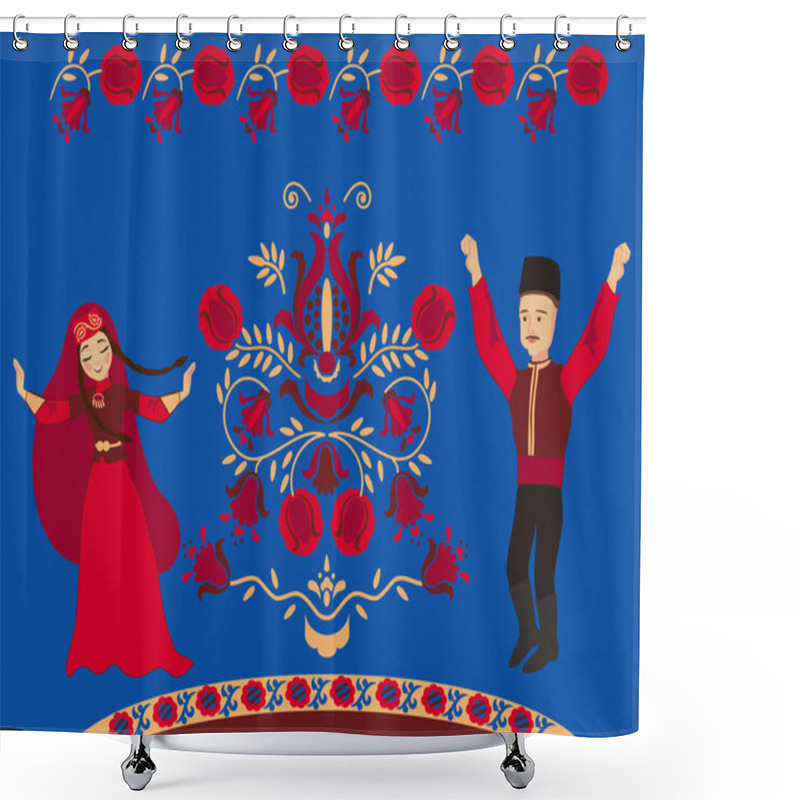 Personality  Dancing Crimean Tatar Couple And The Pomegranate Tree Of Life On A Blue Background. Concept Wedding Card With A Wish For Wealth And Many Children. Shower Curtains