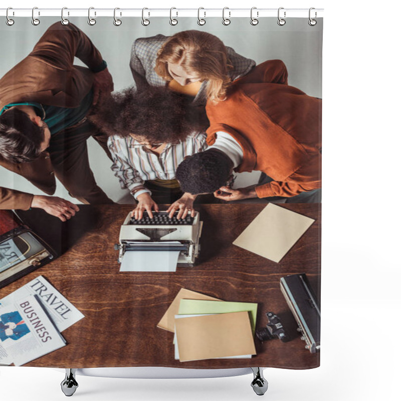 Personality  Overhead View Of Multicultural Retro Styled Journalists Looking How Friend Typing Text Shower Curtains