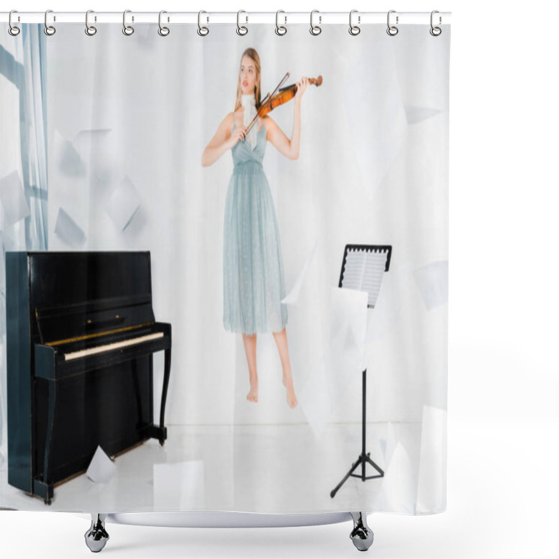 Personality  Floating Girl In Blue Dress Playing Violin Near Piano With Sheets Of Paper In Air  Shower Curtains