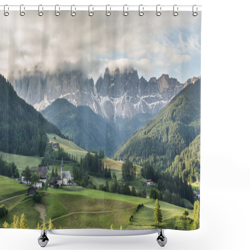 Personality  Santa Maddalena Village In Front Of The Geisler Or Odle Dolomite Shower Curtains