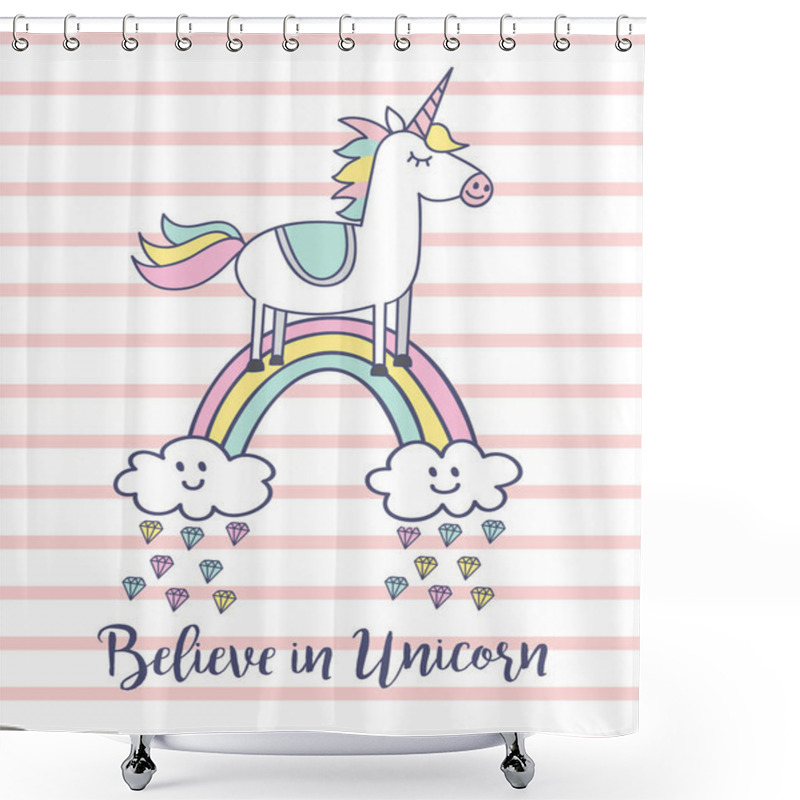 Personality  Unicorn T Shirt Design. Believe In Unicorn Text Shower Curtains