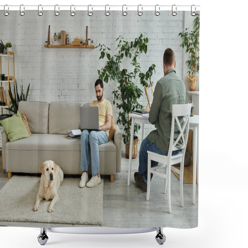 Personality  A Bearded Man Works On A Laptop While Sitting On A Couch Next To A Relaxed Labrador Dog In A Cozy Living Room Setting. Shower Curtains