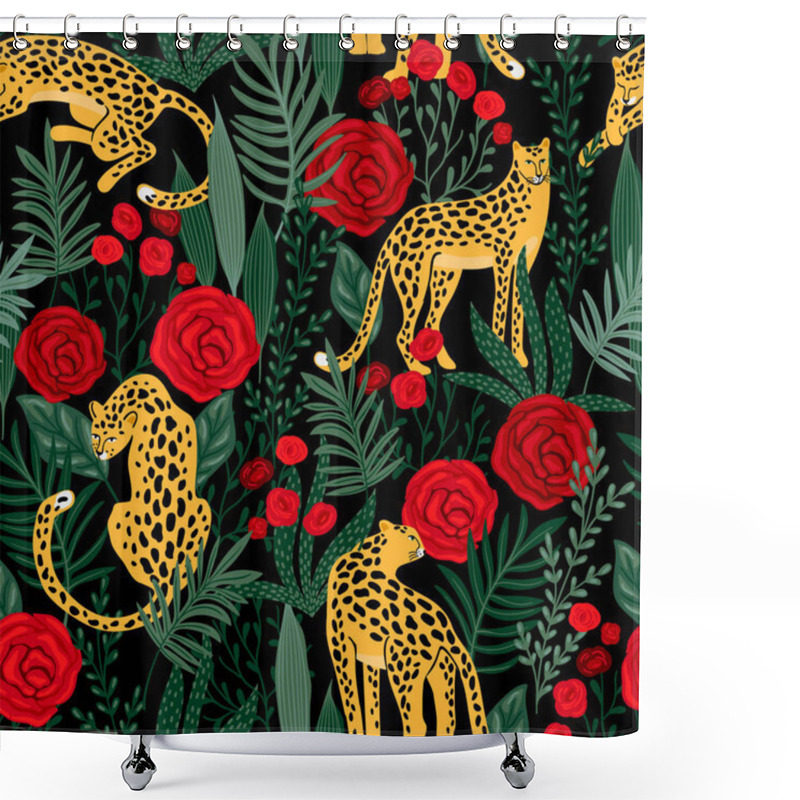 Personality  Seamless Pattern With Leopards And Roses. Shower Curtains