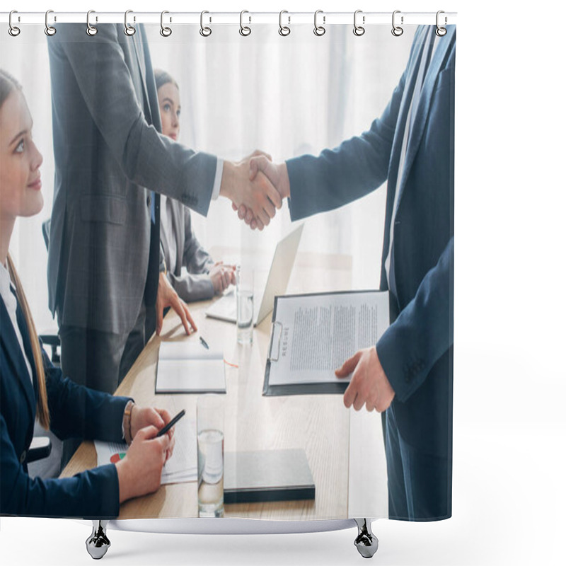 Personality  Side View Of Employee With Resume Shaking Hands With Recruiter During Job Interview In Office  Shower Curtains