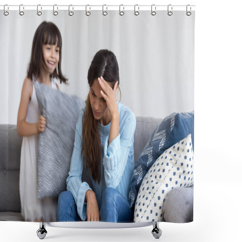 Personality  Daughter Have Fun Play With Cushion Her Mother Feels Unwell Shower Curtains