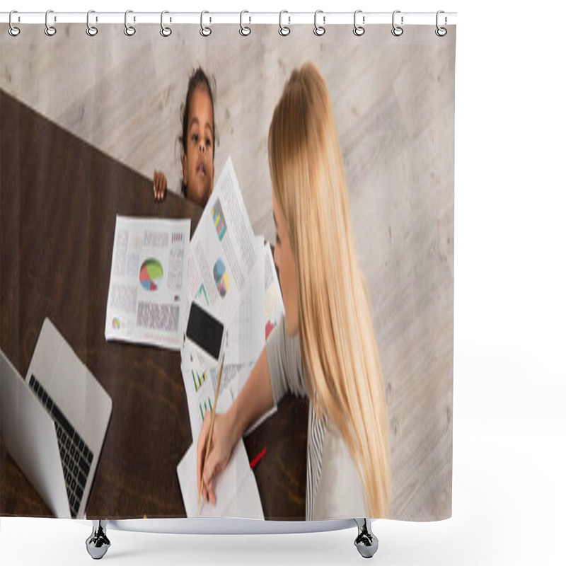 Personality  High Angle View Of Woman Working From Home Near Adopted African American Daughter, Banner Shower Curtains