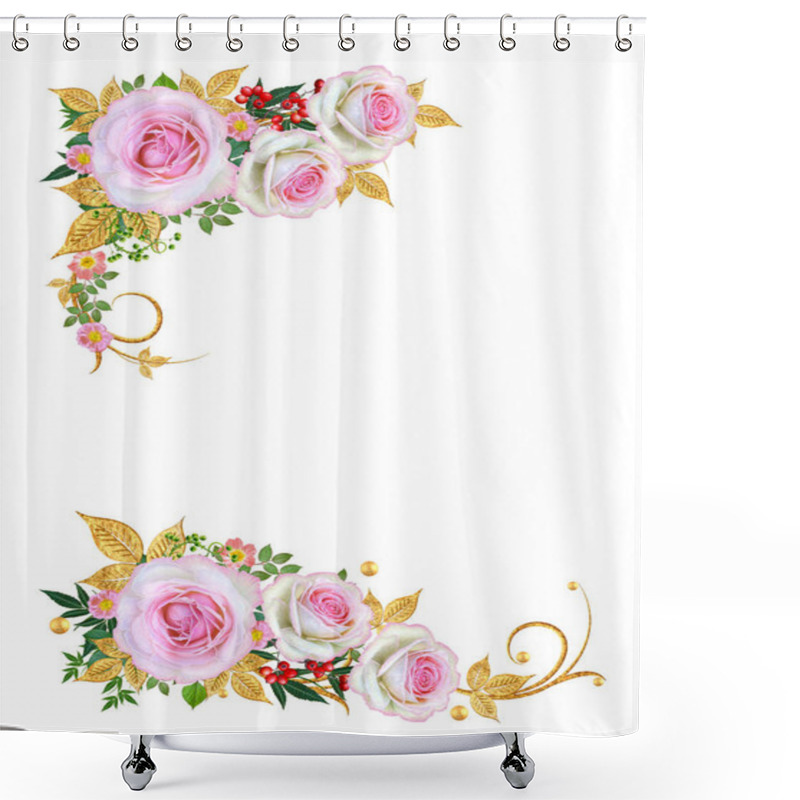 Personality  Decorative Corner Vignette. Golden Curl, Glittering Leaves, Flowers, Pink Roses. Isolated On White Background. Shower Curtains