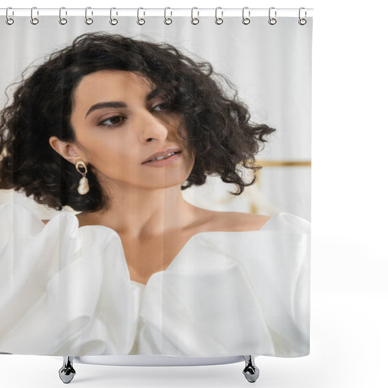 Personality  Portrait Of Brunette Middle Eastern Bride With Wavy Hair Posing In Trendy Wedding Dress With Puff Sleeves And Ruffles In Bridal Boutique And Looking Away, Elegant Woman  Shower Curtains