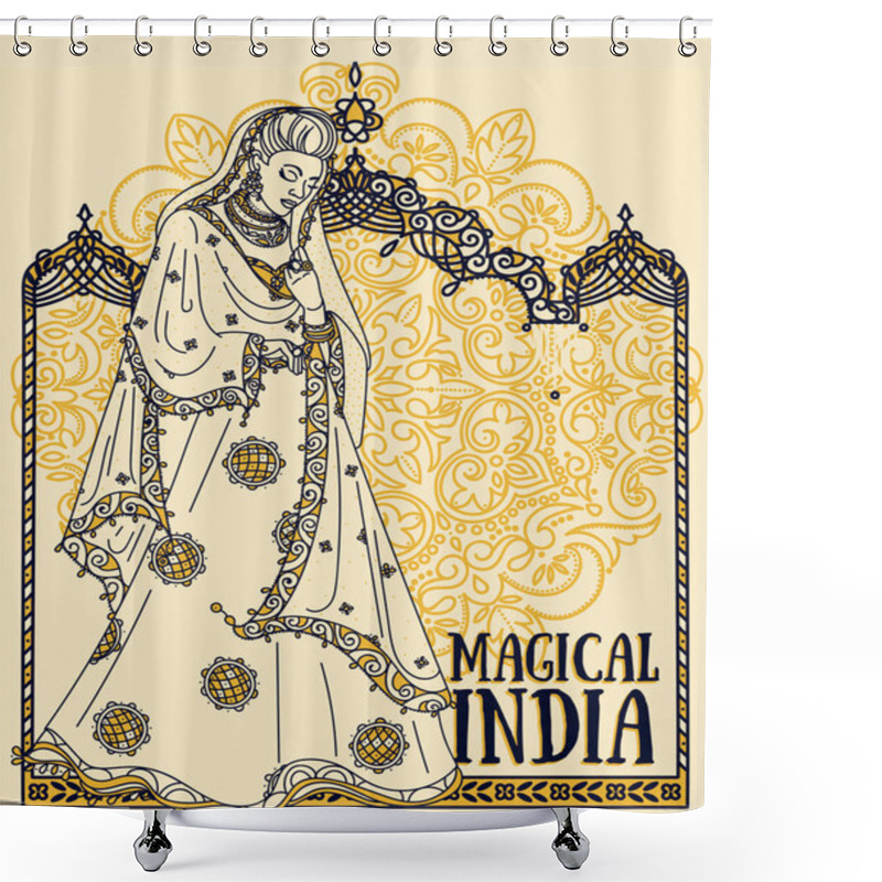 Personality  Beautiful Indian Woman In Traditional Saree And Traditional Indian Arch Shower Curtains