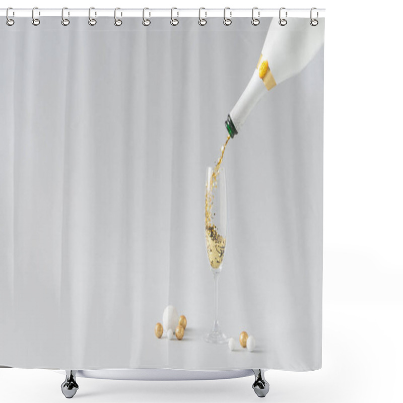 Personality  Champagne Bottle Pouring Golden Glitter Into Glass With White And Golden Decoration Against Grey Background. Celebration Minimal Christmas Party. Shower Curtains