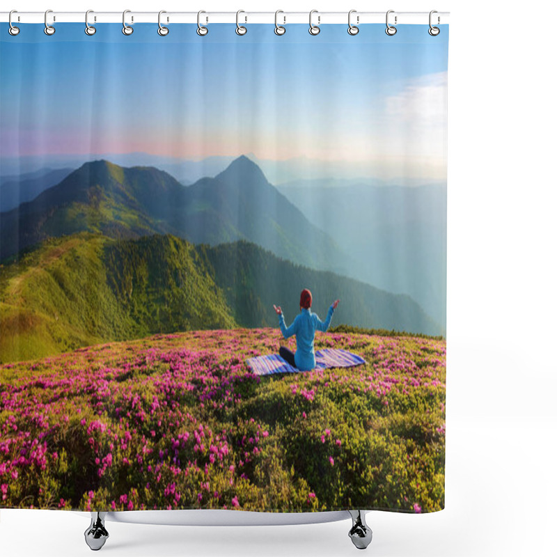 Personality  Colorful Karemat. The Yoga Girl In The Lotus Pose. The Lawn With The Rhododendron Flowers. High Mountains. Magical Forest. Meditation. Relax. Summer Scenery. Warm Morning Sun Rays. Shower Curtains