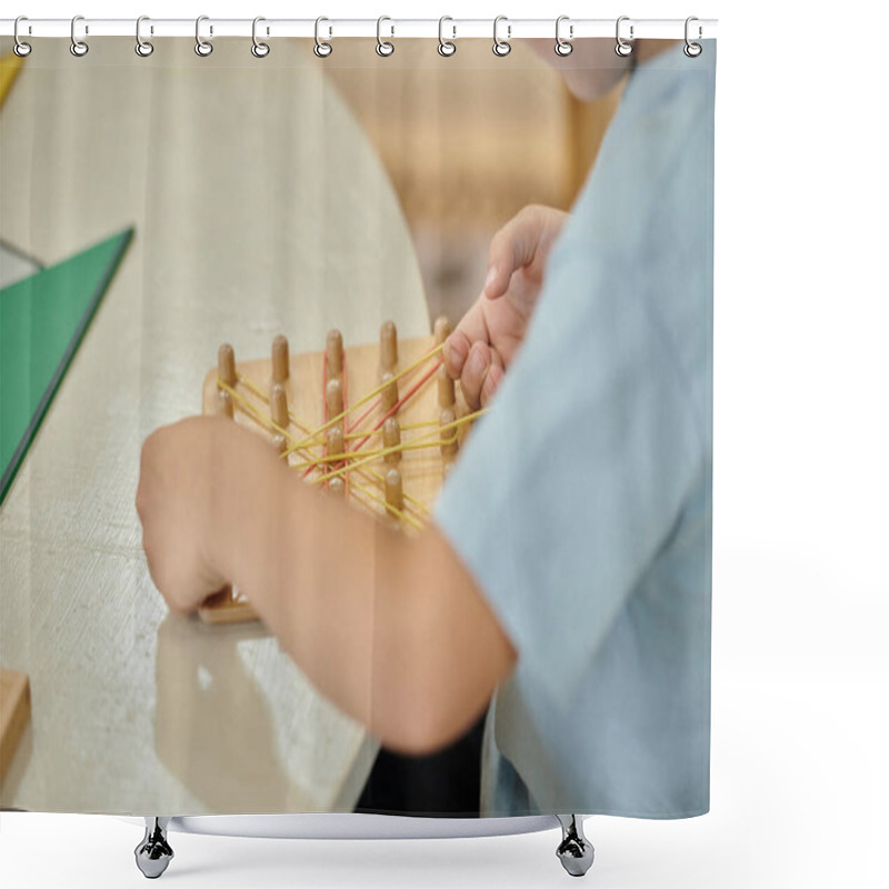 Personality  Cropped View Of Boy Playing With Rubber Bands And Wooden Sticks On Table In Montessori School Shower Curtains