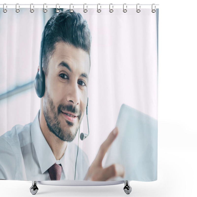 Personality  Cheerful Call Center Operator Smiling At Camera While Holding Digital Tablet Shower Curtains