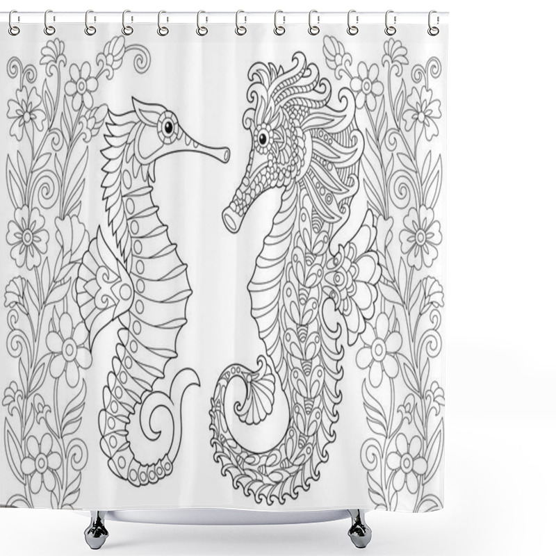 Personality  Zentangle Stylized Seahorse And Flowers Shower Curtains