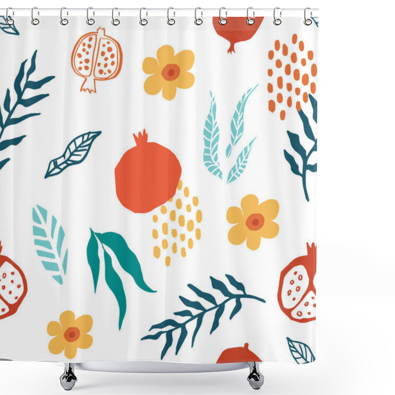 Personality  Pomegranate Seamless Pattern With Leaves, Flower. Floral Vector Illustration Of Abstract Doodle And Scandinavian Fruits. Garnet Armenian Pattern. The Elegant The Template For Fashion Prints. Shower Curtains