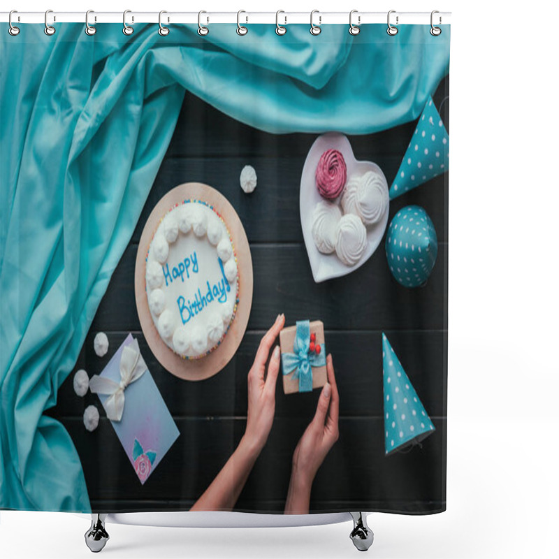 Personality  Woman Putting Present On Table Shower Curtains