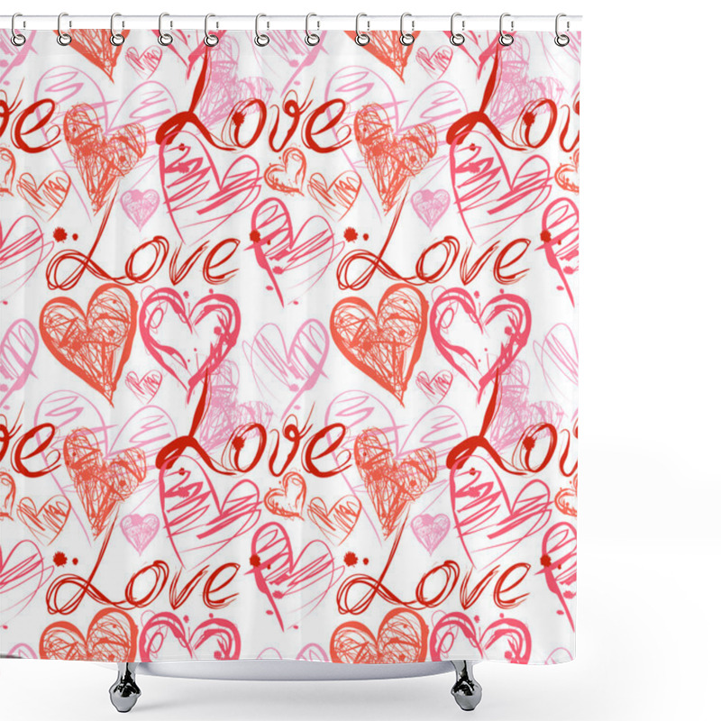 Personality  Grunge Ink Splash Seamless Pattern With Hearts And Calligraphy Shower Curtains