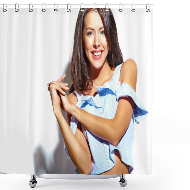 Personality  Portrait Of Cheerful Smiling Fashion  Girl Going Crazy In Casual Blue Hipster Summer Clothes With No Makeup On White Background Shower Curtains