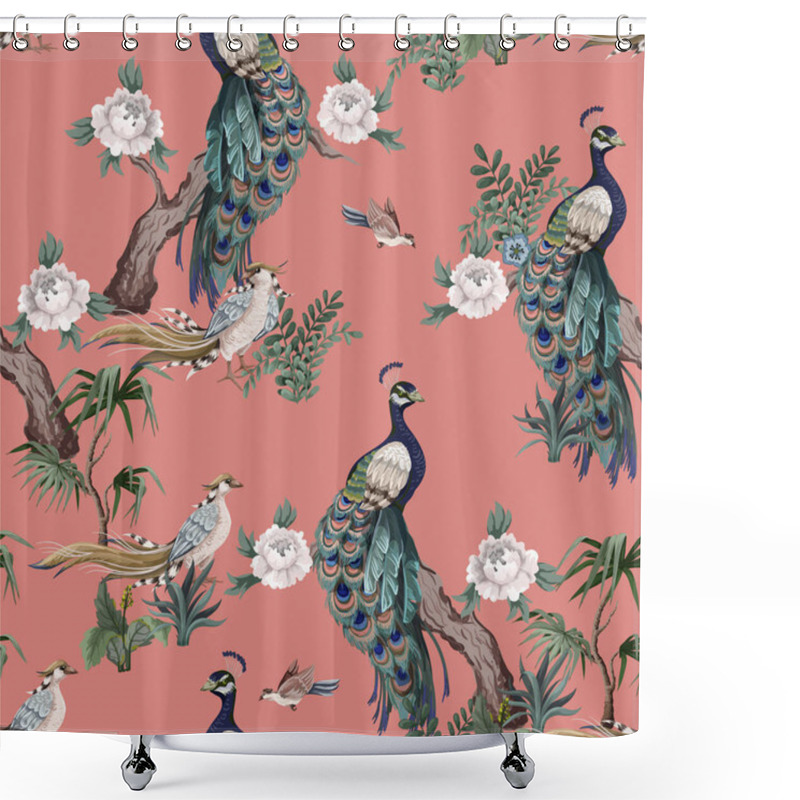 Personality  Seamless Pattern In Chinoiserie Style With Storks, Birds And Peonies. Vector, Shower Curtains