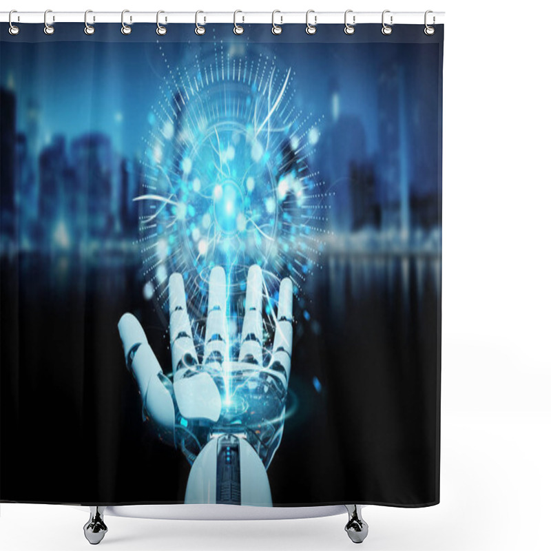 Personality  White Cyborg Hand On Blurred Background Using Digital Eye Surveillance Hologram 3D Rendering Shower Curtains