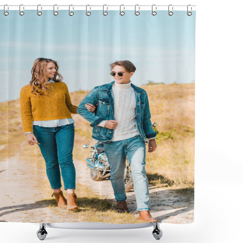 Personality  Happy Beautiful Couple Walking On Rural Meadow Shower Curtains