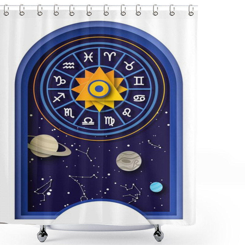 Personality  Zodiac Wheel With Twelve Horoscope Signs, Planets, Starry Sky, Constellations, Vector Paper Cut Illustration. Astrology. Shower Curtains