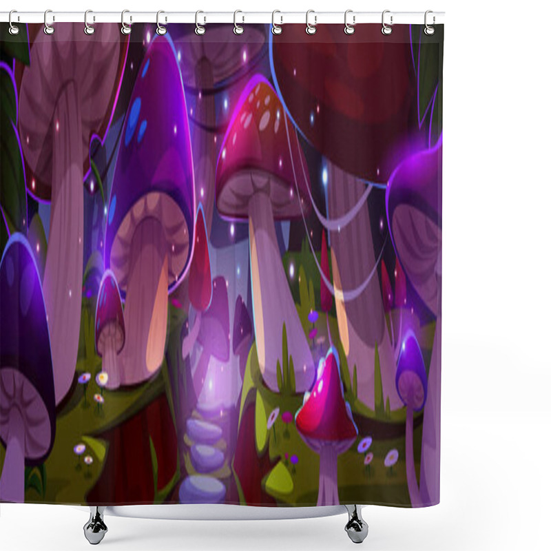 Personality  Magic Forest With Giant Mushrooms And Flowers At Night. Vector Cartoon Illustration Of Neon Color Plants Glowing In Woods, Fantasy Fireflies In Darkness, Fairytale Game Background, Gnome Village Shower Curtains