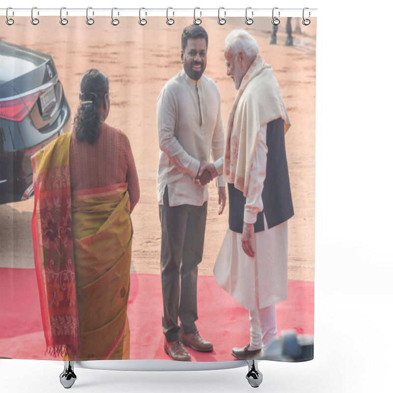 Personality  NEW DELHI, INDIA: DECEMBER 16, 2024 - Anura Kumara Dissanayake Sri Lankas President President Droupadi Murmu And Prime Minister Narendra Modi During A Ceremonial Reception At The Presidential Palace At Rashtrapati Bhavan.  Shower Curtains