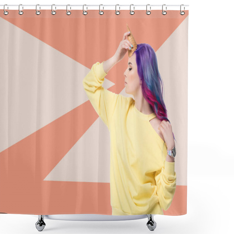 Personality  Stylish Young Woman Pretending Unicorn With Waffle Cone On Forehead On Creative Background Shower Curtains