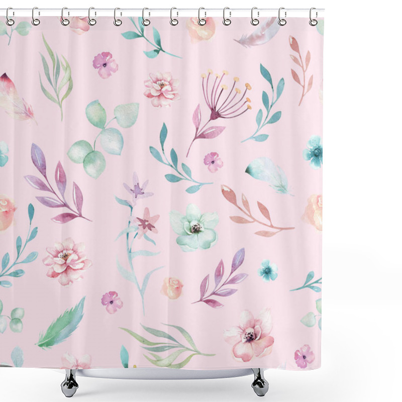 Personality  Pattern With Forest Leaves And Flowers On Pink Background Shower Curtains