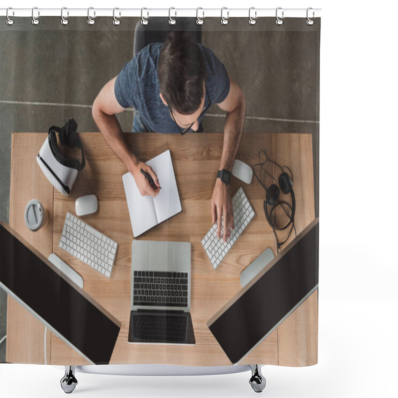 Personality  Overhead View Of Young Programmer Taking Notes In Notebook And Using Computers At Workplace Shower Curtains