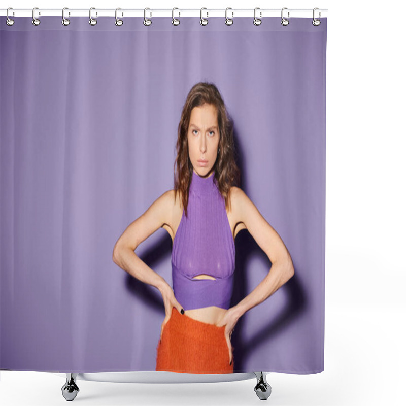 Personality  A Stylish Young Woman Stands Confidently With Hands On Hips, Dressed In Vibrant Orange Attire Against A Purple Background. Shower Curtains