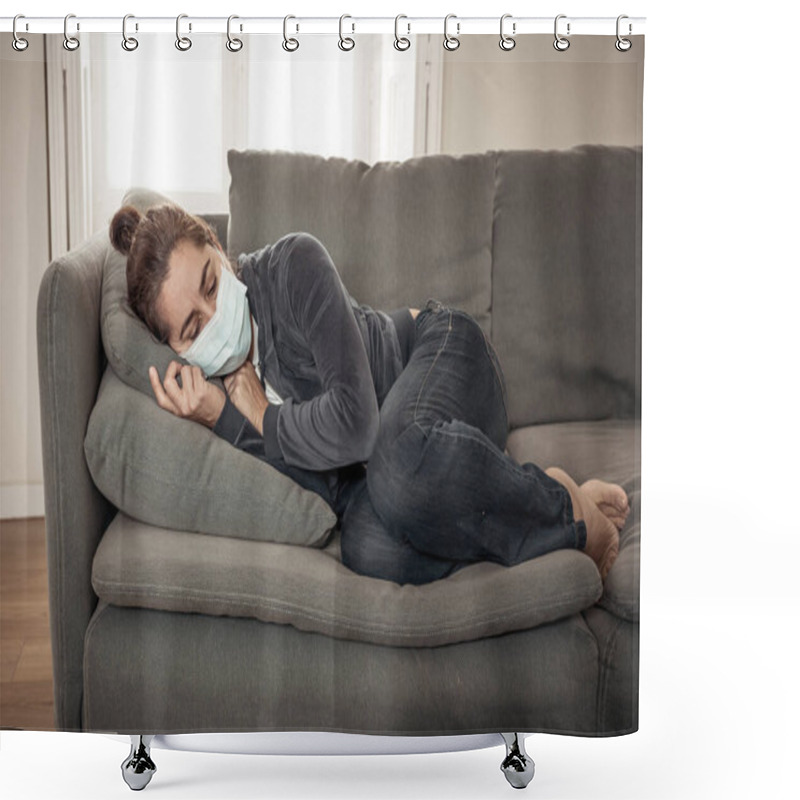 Personality  Sad Latin Woman With Protective Face Mask At Home Living Room Couch Feeling Tired And Worried Suffering Depression Amid Coronavirus Lockdown And Social Distancing. Mental Health And Isolation Concept. Shower Curtains