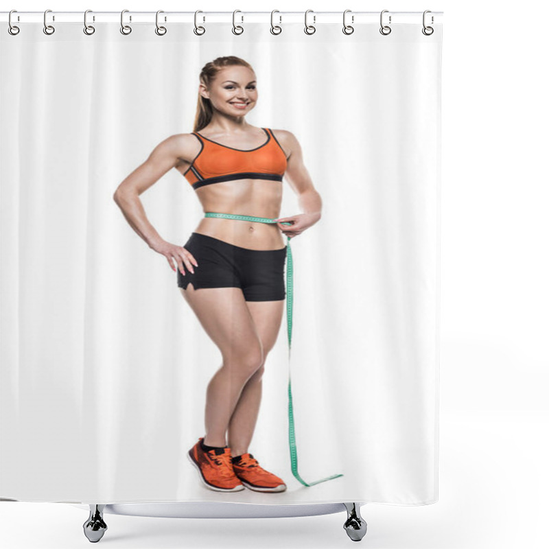 Personality  Sportswoman Measuring Her Waistline Shower Curtains