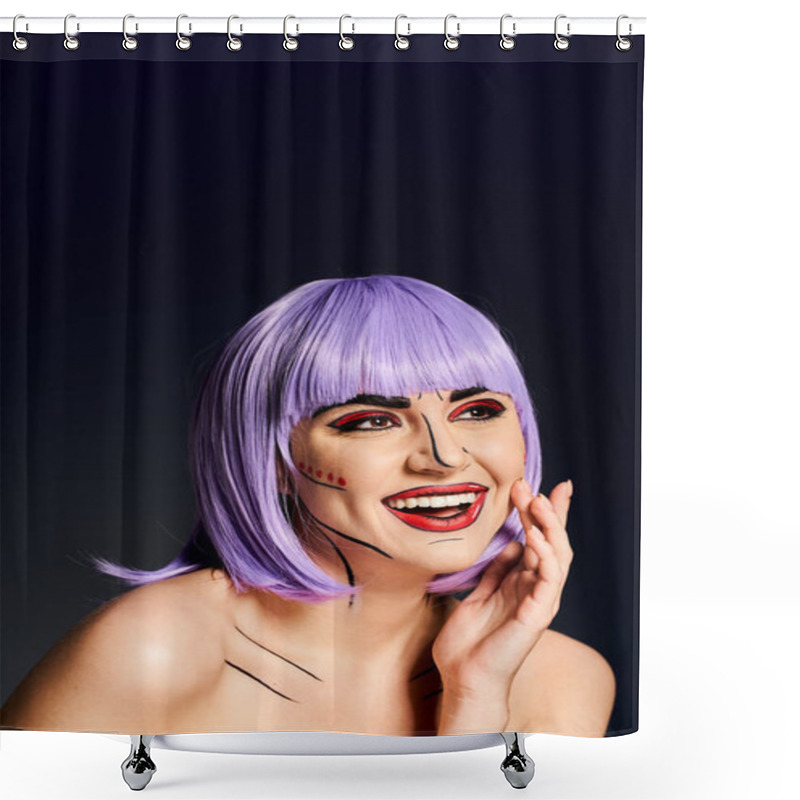 Personality  A Striking Woman Dons A Purple Wig And Bold Pop Art Makeup, Embodying A Character From Comics On A Black Background. Shower Curtains