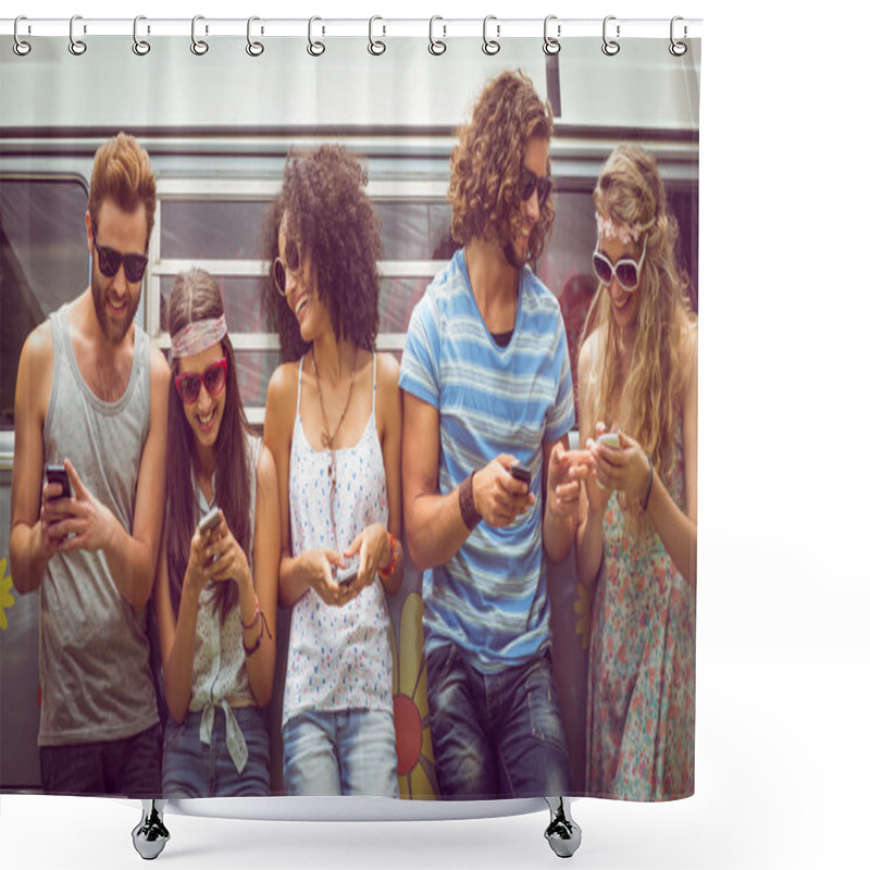 Personality  Hipster Friends Using Their Phones Shower Curtains