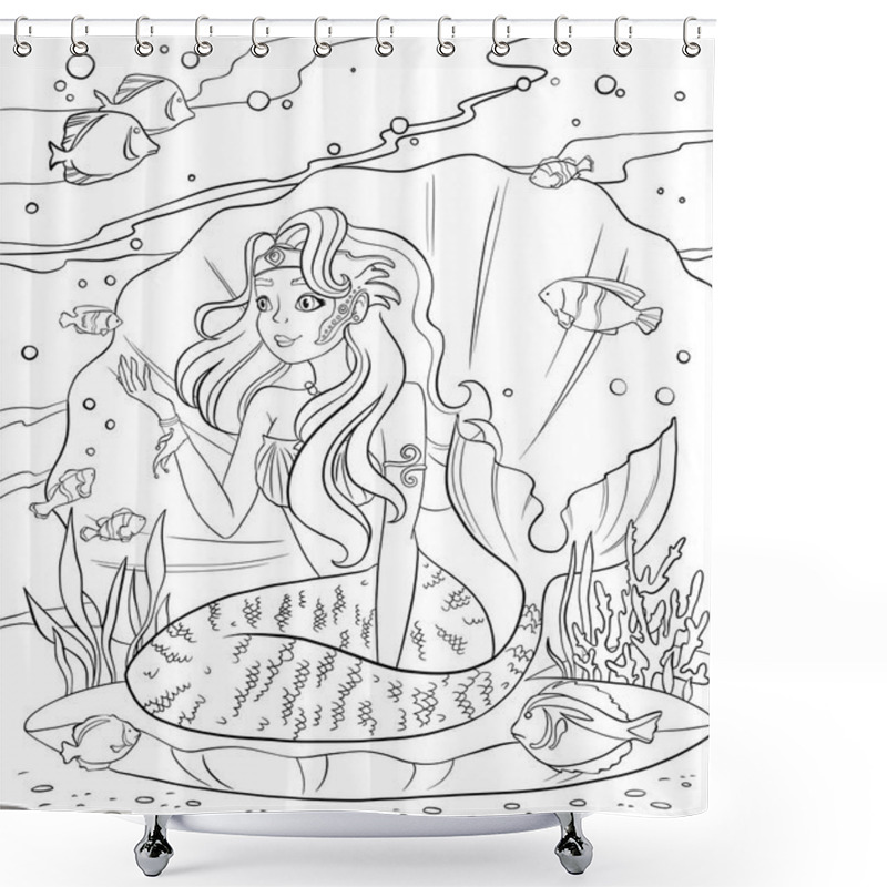 Personality  Coloring Pages With Mermaid. Line Art Design For Adults Or Children Coloring In Doodle Style. Shower Curtains