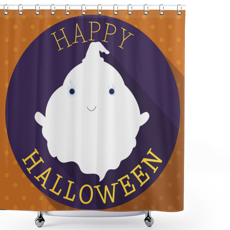 Personality  Flat Design With Long Shadow And Round Button With Cute Smiling Ghost With Wildfire In Its Eyes, Ready To Hug You During Halloween Celebration. Shower Curtains