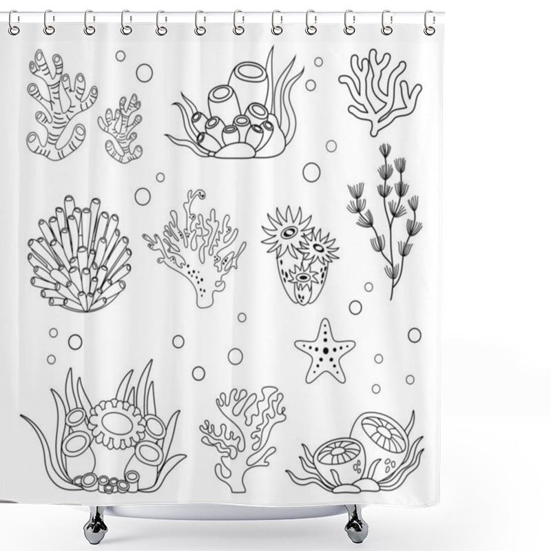 Personality  Marine Set, Algae And Coral In Simple Linear Style. Black And White Graphics For Books And Posters Shower Curtains