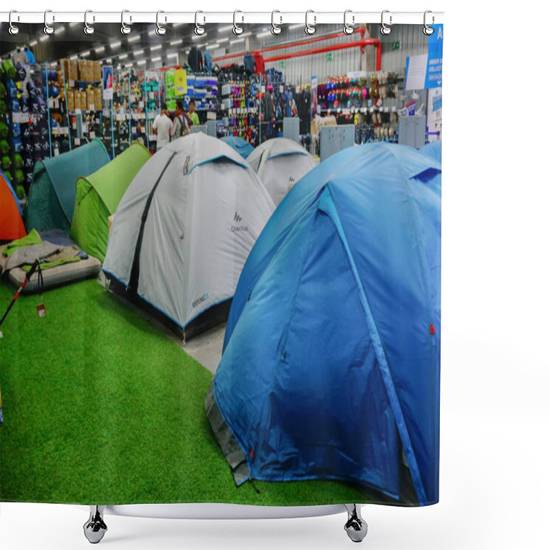 Personality  ULUBERIA, HOWRAH, WEST BENGAL / INDIA - 18TH MARCH 2018 : Colorful Tents Are On Display At Dechathlon S.A. Store , World's Largest Sporting Goods Retailer. Editorial Stock Image. Shower Curtains