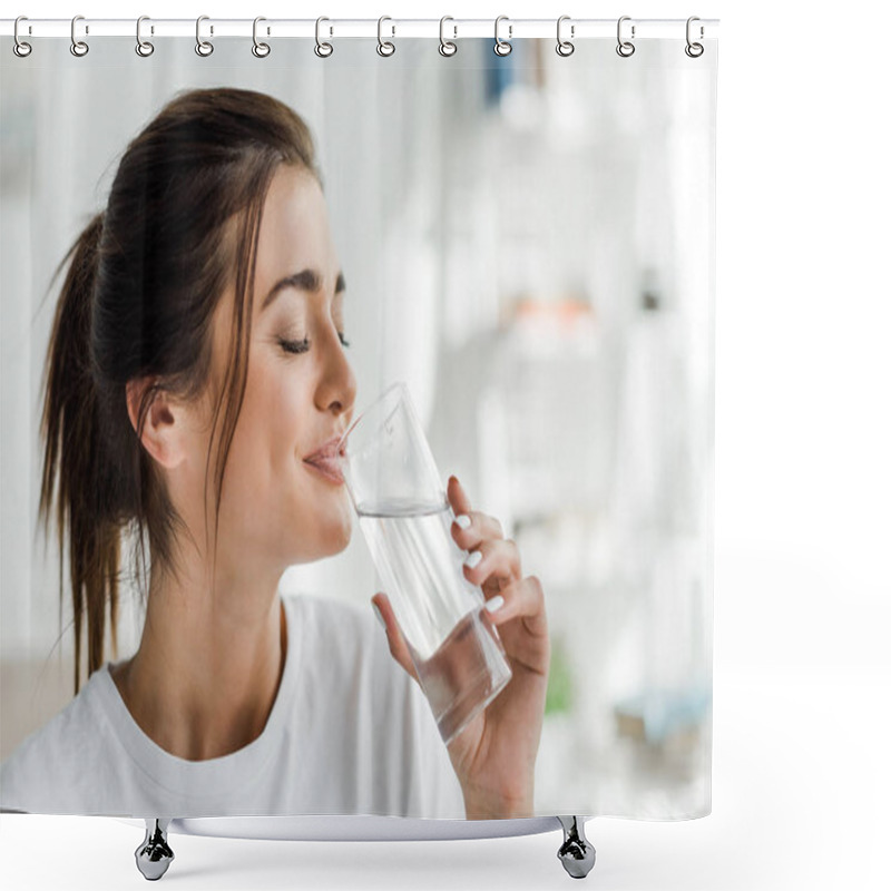 Personality  Smiling Girl Holding Drinking Water From Glass In The Morning Shower Curtains