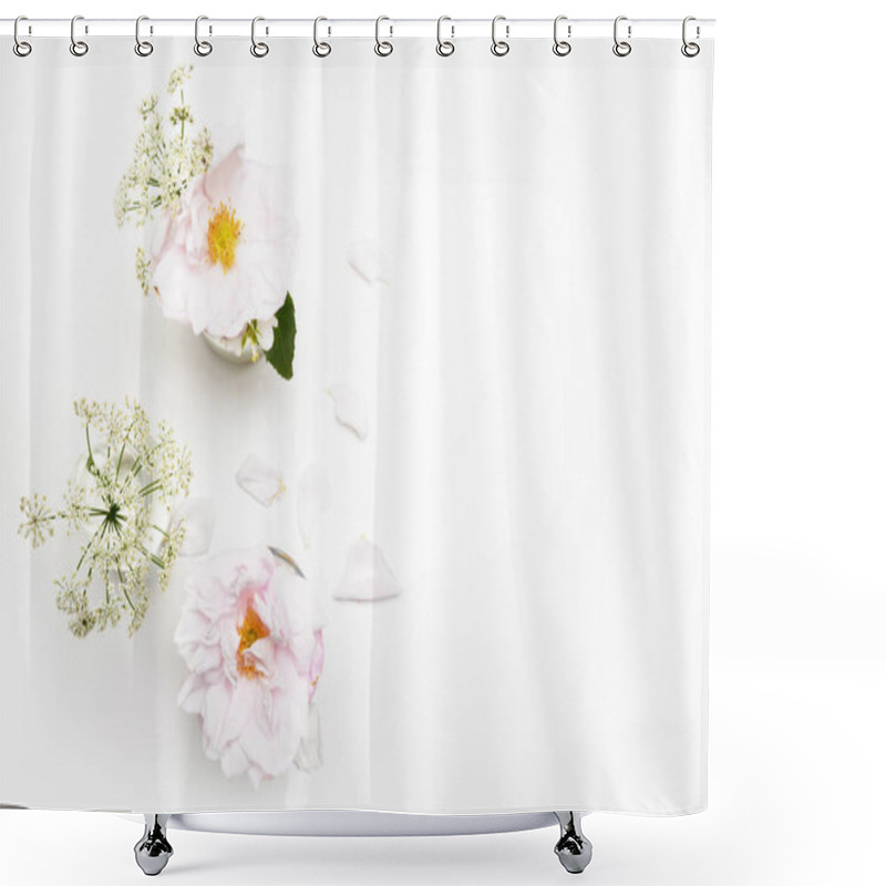 Personality  Flowers On White Background. Flat Lay. Mock-up Desk. Beauty  Shower Curtains